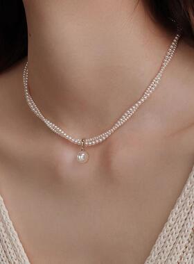 chomelkinsey双层叠戴珍珠吊坠项链女高级感轻奢小众百搭配饰颈链