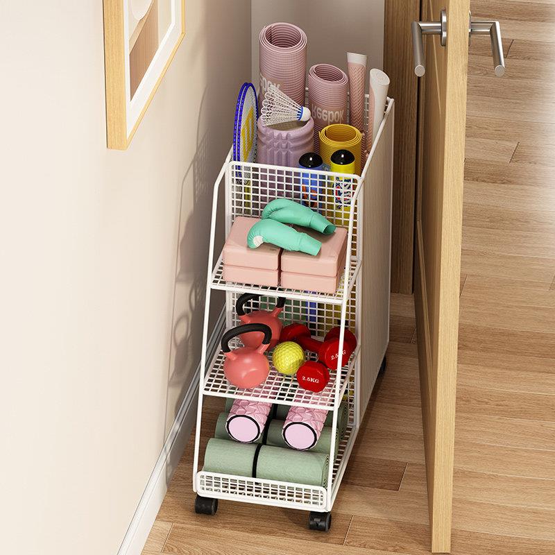 Yoga mat storage basket, sports and fitness equipment storage rack, iron trolley storage rack, badminton wheeled home