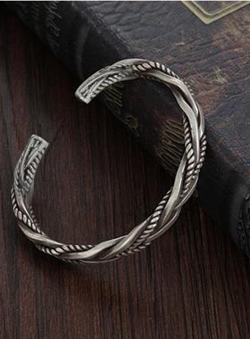 欧美复古编织麻花开口手镯合金电镀手镯男士嘻哈做旧手链