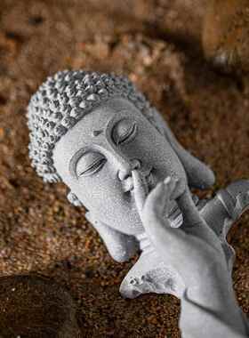 高档中式释迦牟尼像摆件青砂石鱼来缸景园艺桌佛面茶室造装饰品如