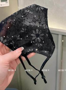 黑色网红个性面纱女夏季新品蕾丝镶钻透气装饰口罩防晒护眼角面罩