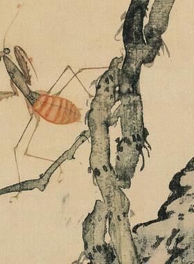 清代居廉草虫花卉湖石四屏图高清微喷彷古画 画绢布临摹画 画稿装