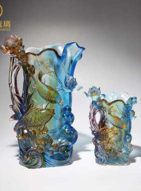 琉璃花瓶摆件水晶插花工艺品家居客厅装饰鱼玻璃轻奢乔迁新居礼品
