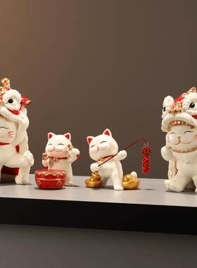 醒狮招财猫摆件吉祥物家四口进门入户玄关电视柜乔迁暖房开 业国