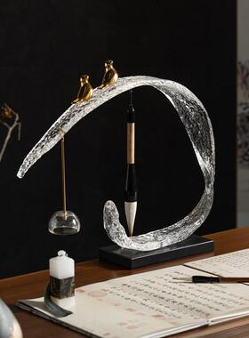 新中式小鸟毛笔架摆件样板房间售楼处展厅书房书桌茶室透明装饰品
