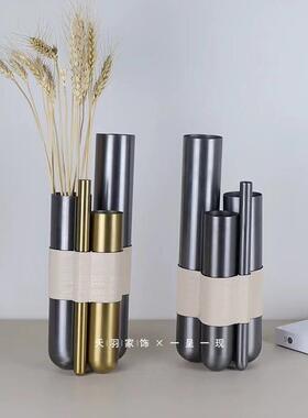 现代轻奢不锈钢金属几何创意皮革花器样板间售楼处茶几桌面插花器