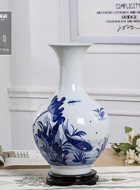 景德镇陶瓷器手绘青花瓷浮雕花瓶工艺品装饰品摆件玄关客厅复古风