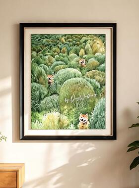 系草丛柴犬装饰画小众艺术客厅玄关挂画可爱风卧室氛围感壁画