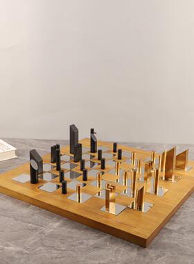 现代简约木质金属棋盘桌面装饰摆件客厅书房办公室软装家居装饰品