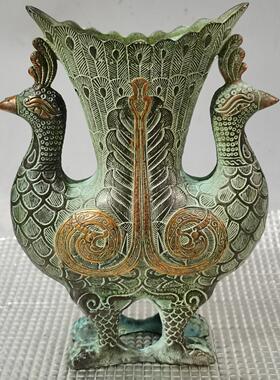 仿古青铜孔雀花鸟双凤尊瓶花瓶居家客厅办公室桌面工艺品摆件