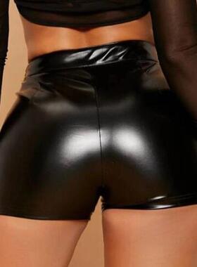 Women's Solid Color Pleated Skirt Black Pu Leather Shorts