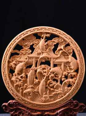 太行崖柏木雕鲤鱼跃龙门摆件实木根雕圆盘家居客厅装饰工艺品