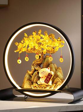 轻奢玄关发财树摆件家居客厅卧室带灯招财猫装饰店铺乔迁开业礼物