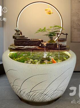 生态鱼缸陶瓷罐开口循环流水配件庭院花园造景流水循环摆件
