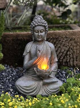 新中式佛像掌莲灯花园庭院造景太阳能灯书房玄关整体橱柜禅意装饰