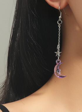 Colored Star Moon Earrings Long Moon Earrings耳环