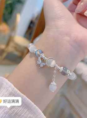 仿猫眼石手链ins小众白石手串送女友闺蜜情侣饰品潮黑曜石纯银