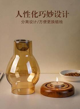 创意复古蜡烛香薰灯沉香原木碎料隔火薰香炉家用卧室玻璃香薰炉