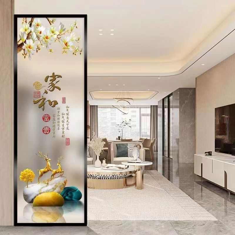 新中式铁艺隔断客厅双面透光磨砂装饰现代简约不锈钢艺术玻璃屏风 - 图0