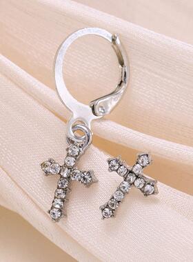 Cross stud earrings跨境满钻十字架耳针朋克单耳镶钻不对称耳环