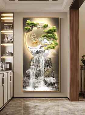 轻奢流水生财走廊尽头挂画带灯光招财鹿玄关装饰画进门正对墙壁画