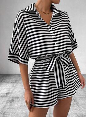 Women's striped shorts with waist cinching jumpsuit