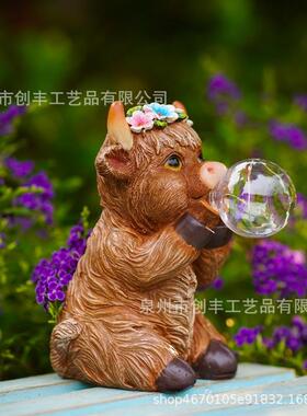 太阳能牛牛吹泡泡灯户外庭院仿真动物树脂工艺品摆件装饰夜灯