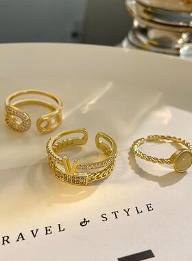 镀金黄铜戒指跨境爆款韩国简约不规则镶钻开口戒指女饰品手饰