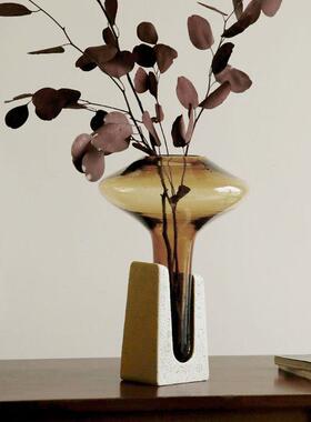 轻奢中古玻璃花器摆件展厅办公室客厅餐边柜装饰品高级感插花花瓶