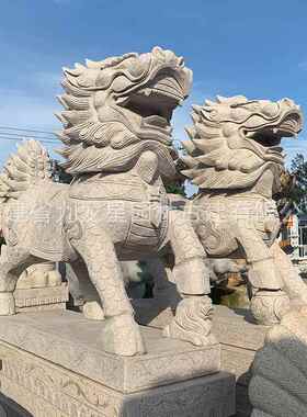 定制汉白石玉晚霞红石雕麒麟一大对雕门青仿古花岗SD-302岩石麒麟