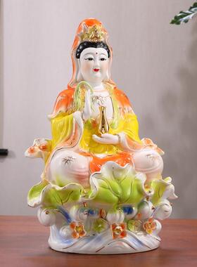 纯手工中式陶瓷坐莲叶观音佛像 潮州工艺家用供奉摆件