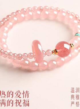 寺庙同桃花缘仿然草莓晶珠手链832女款天粉水晶转运小众精致双圈