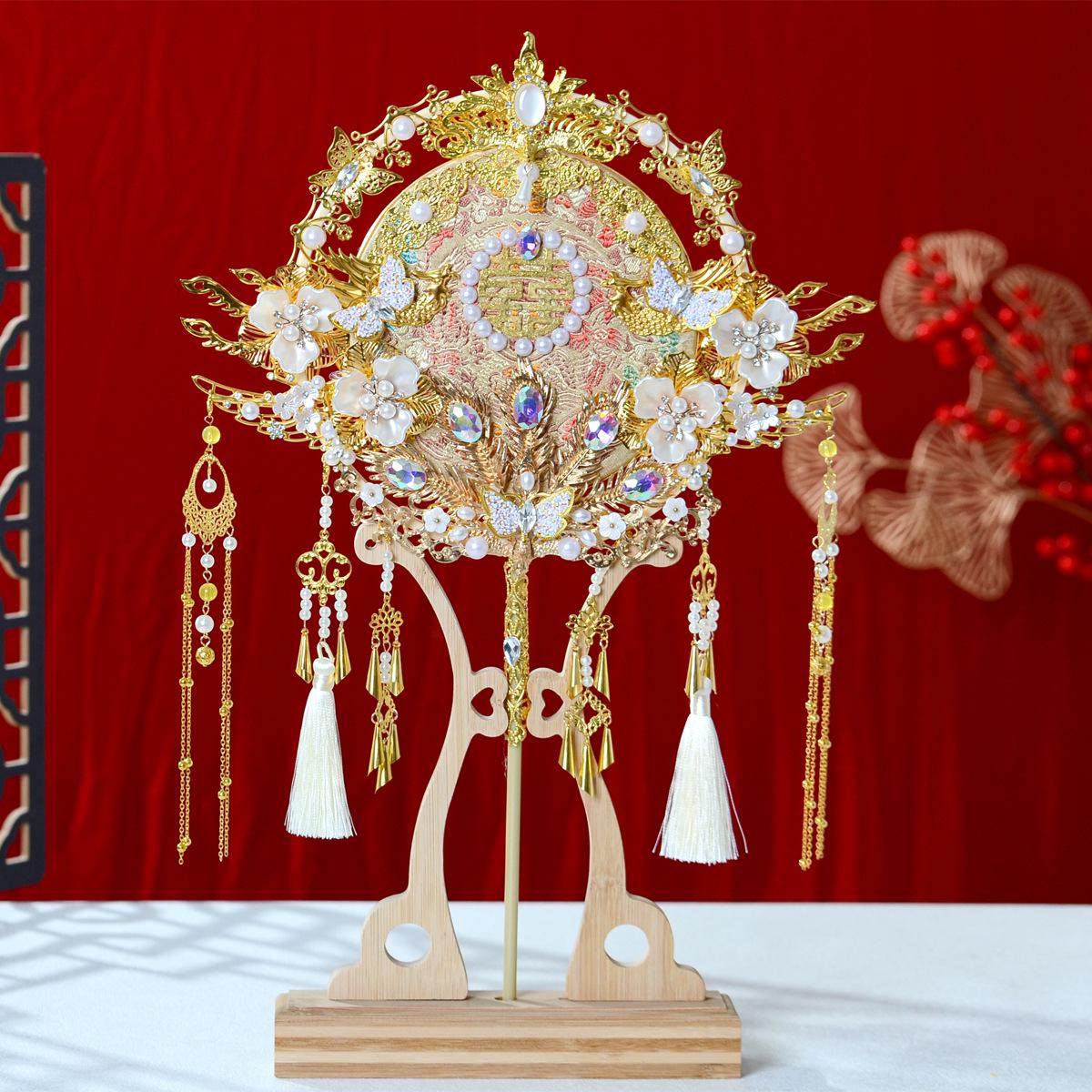 双色双面结婚团扇diy材料包新娘婚礼出嫁遮面扇重工喜扇成品批发,淘宝优惠券,粉丝福利购,淘宝优惠卷