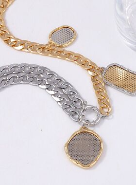 跨境简约复古潮流轻奢金属不对称链条几何合金徽章吊坠项链女