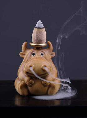 绿檀木手工雕刻打磨牛气冲天倒流香茶桌萌趣茶宠摆件香插装工艺品