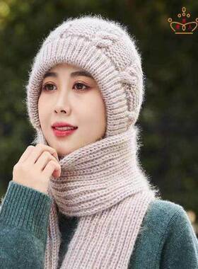 秋冬帽子围脖女款松鼠绒加绒毛线帽一体连体加厚保暖防寒风雪帽潮