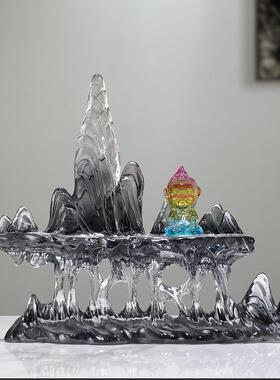 现代简约新中式山水意境透明水晶假山摆件样板房售楼处酒店装饰品