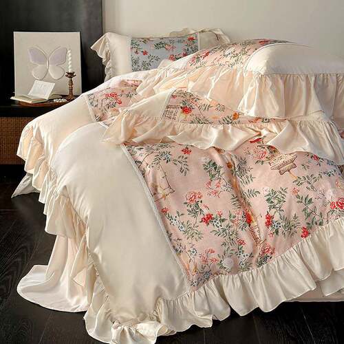 法式少女心凉感天丝双面四件套春夏季数码印花浪漫被套床上用品 - 图1