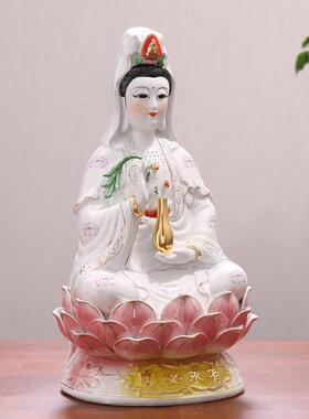 正品家用南海观音菩萨像坐莲观世音菩萨摆件白玉像陶瓷烤漆不退色