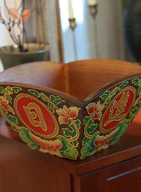 纯手工彩绘老榆木米斗升实木杂物收纳盒摆件中式玄关钥匙储物盒