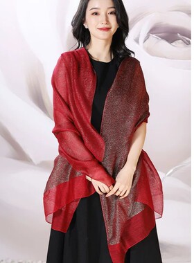 红色丝巾女婚礼妈妈礼服旗袍披肩外搭真丝围巾薄款婚宴喜婆婆高端