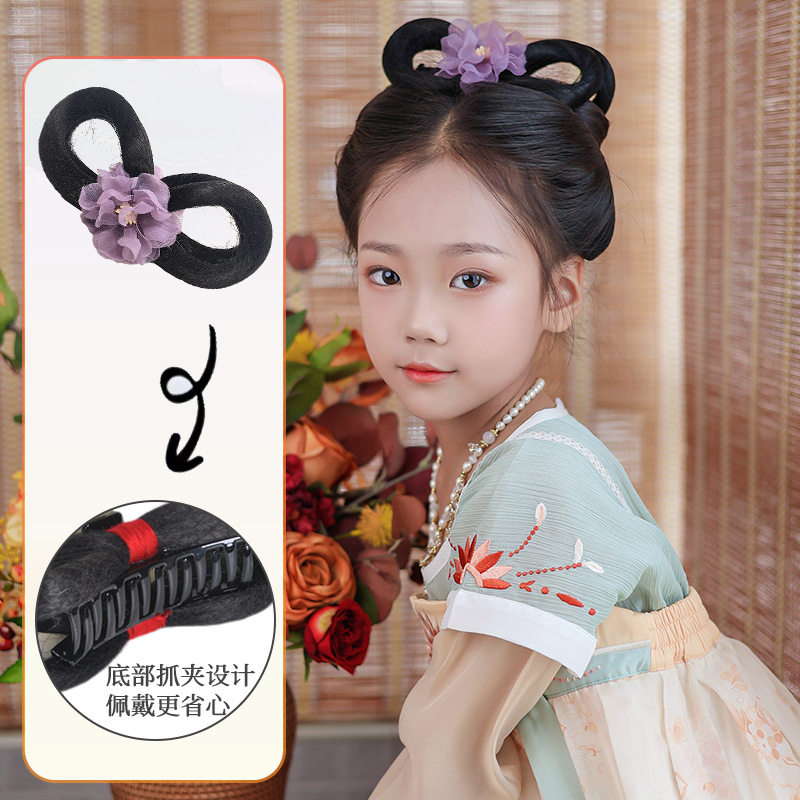 儿童汉服头饰头花古装舞台演出女童抓夹假发古风花朵盘发发髻发饰,淘宝优惠券,粉丝福利购,淘宝优惠卷