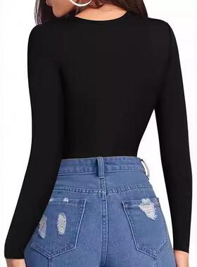 Women'S Solid Long Sleeve Bodysuit, Elegant Tight-Fitting