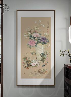 东方美学中式玄关装饰画竖版入户走廊过道挂画富贵牡丹花鸟金箔画