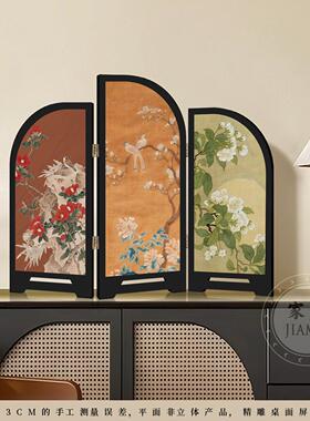 中古风墨竹花鸟小屏风客厅桌面摆件装饰品覆古艺术玄关电视柜摆画