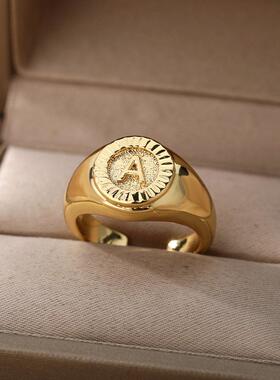 Vintage Initial Letter Signet Rings For Women Stainless Stee