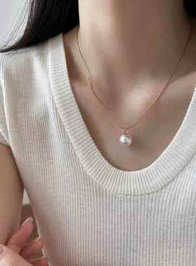法式蛇骨链单颗珍珠项链女2023新款银灰白优雅百搭单珠吊坠潮颈链