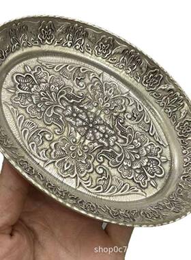 古玩铜器白铜镀银花盘收藏仿古铜盘子花开富贵复古盘子工艺品