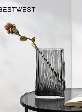 Best west 北欧冷灰色透明竖纹水培玻璃花瓶家居客厅装饰花器
