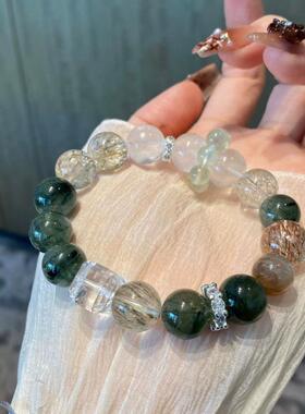 天然绿发晶黑金超白幽灵白水晶方糖手串葡萄石招财转运喜金水木女